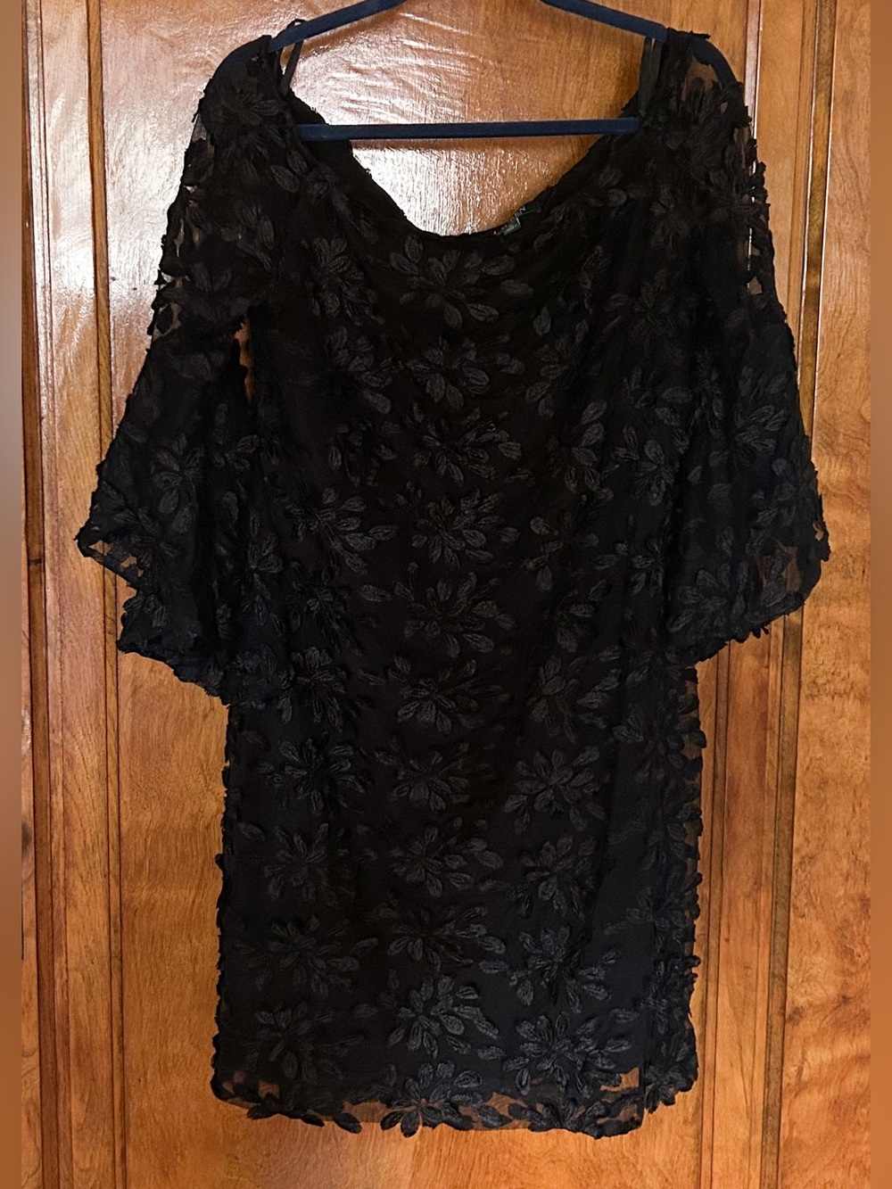 LAUREN by Ralph Lauren floral embroidered black dress with bell sleeves